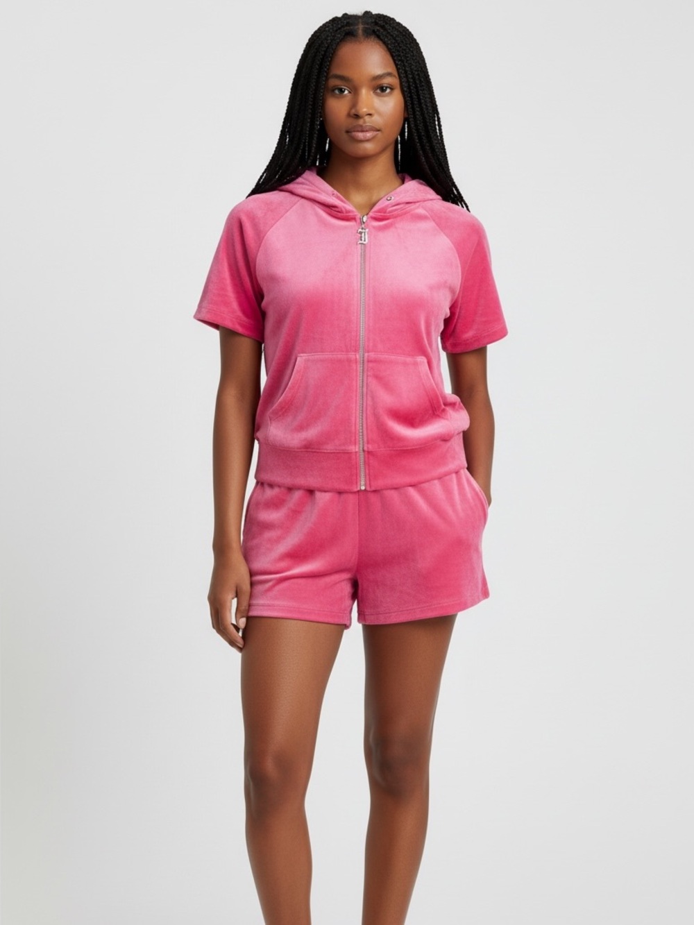 NWT Juicy Couture Dewberry Pink Bling Velour Short-Sleeve Hoodie Shorts Set M